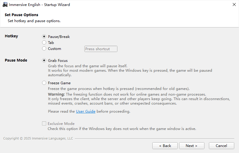 startup wizard: set pause options